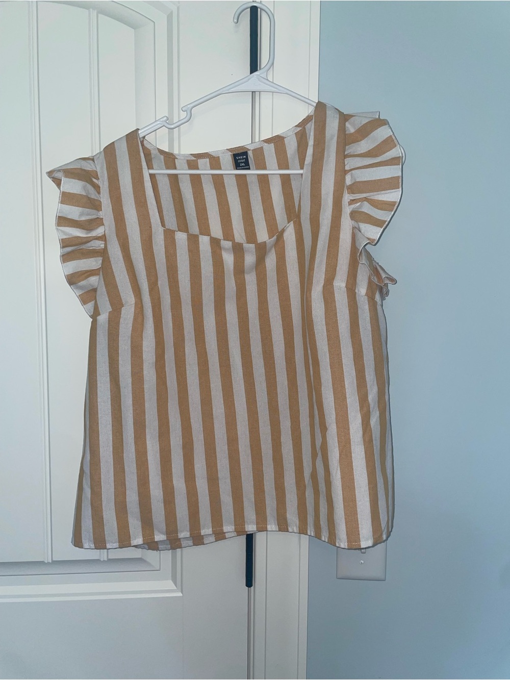 SHEIN Tan and White Vertical Stripe Ruffle Sleeve Blouse